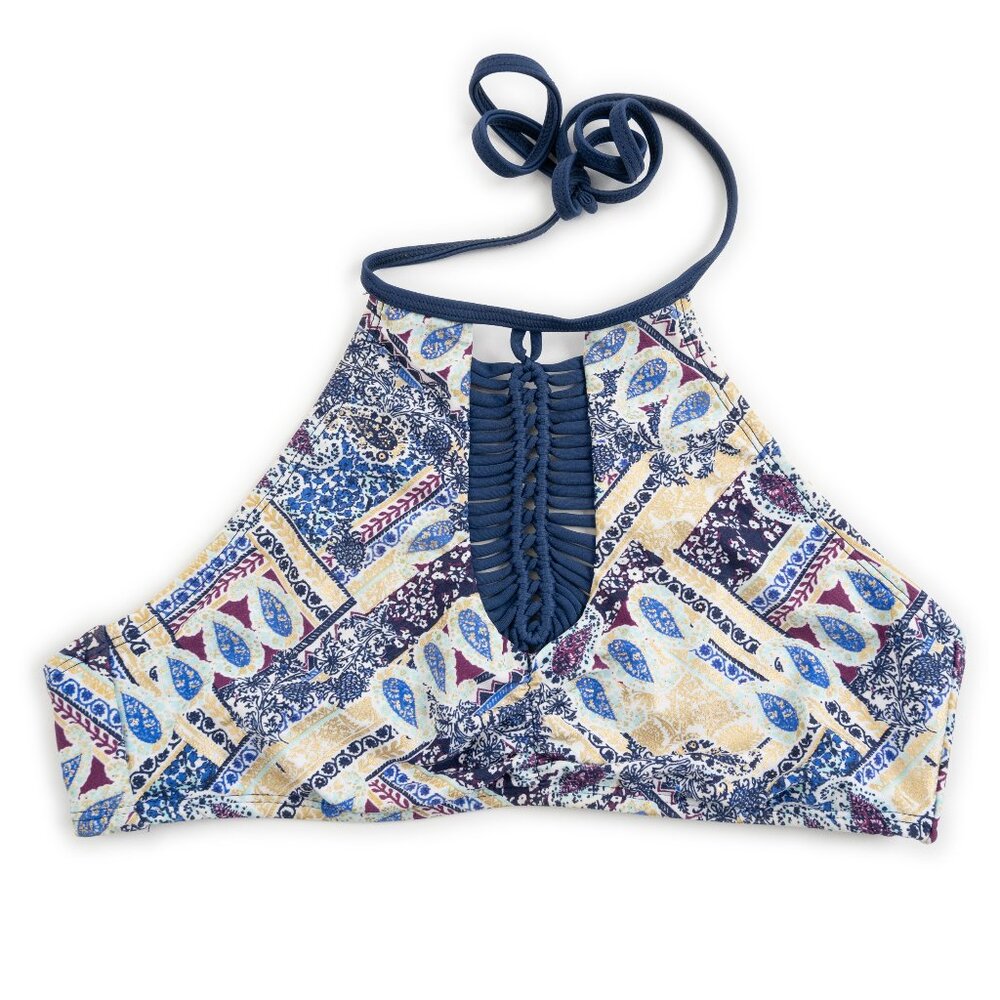 ISLAND SOUL crop top blue gold pattern swim top size M